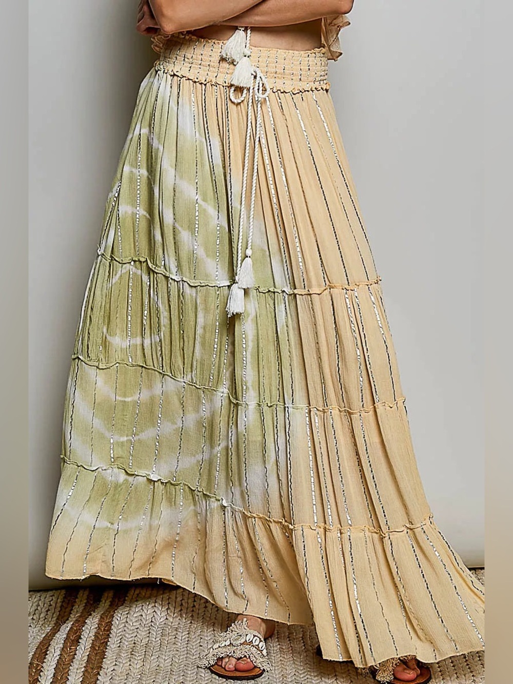 POL • Shimmer Tiered Reverse Ruffle Smocked Waist Maxi Skirt